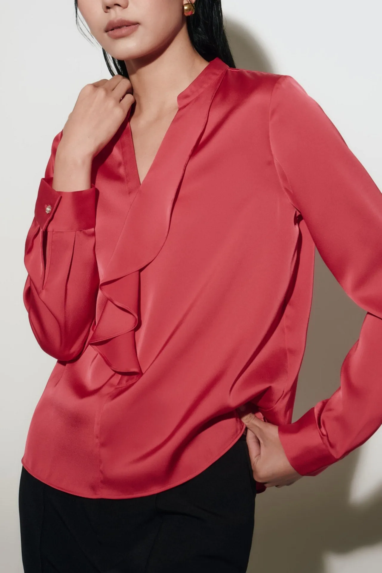 Satin Asymmetric Ruffled Blouse