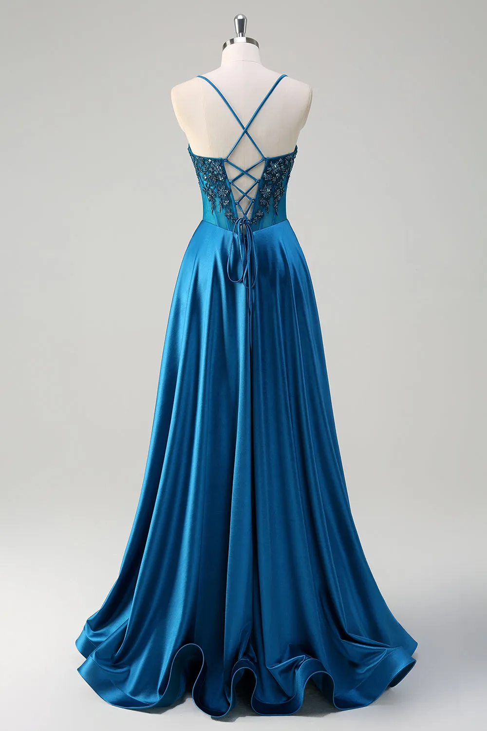 Satin Blue A Line Pleated Corset Beaded Prom Dress with Lace-up Back