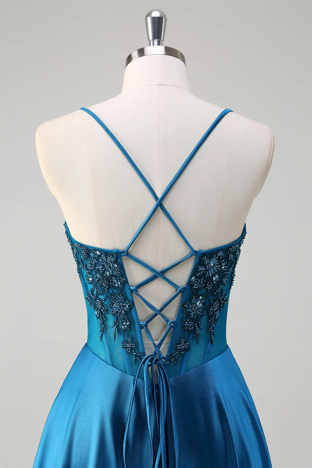 Satin Blue A Line Pleated Corset Beaded Prom Dress with Lace-up Back