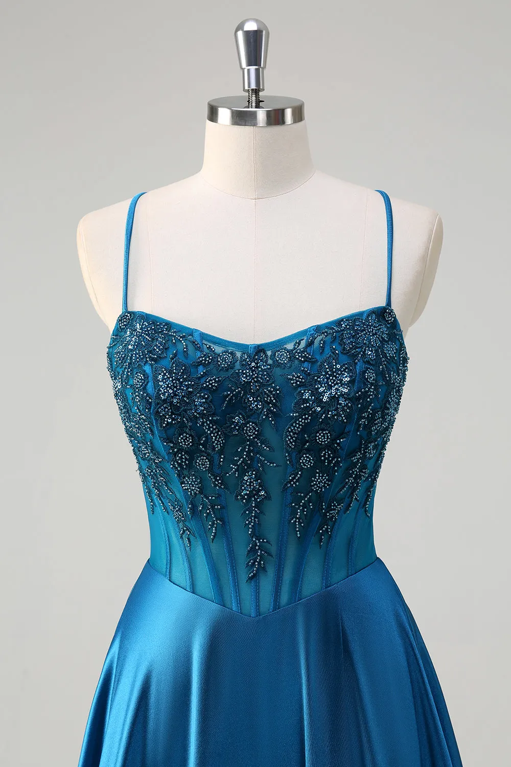 Satin Blue A Line Pleated Corset Beaded Prom Dress with Lace-up Back