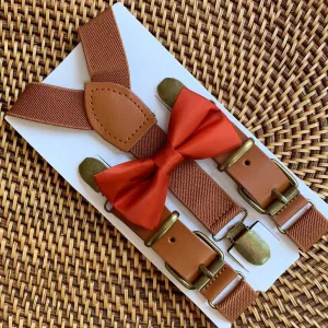 Satin Burnt Orange Bow Tie & Cognac Buckle Suspenders Set