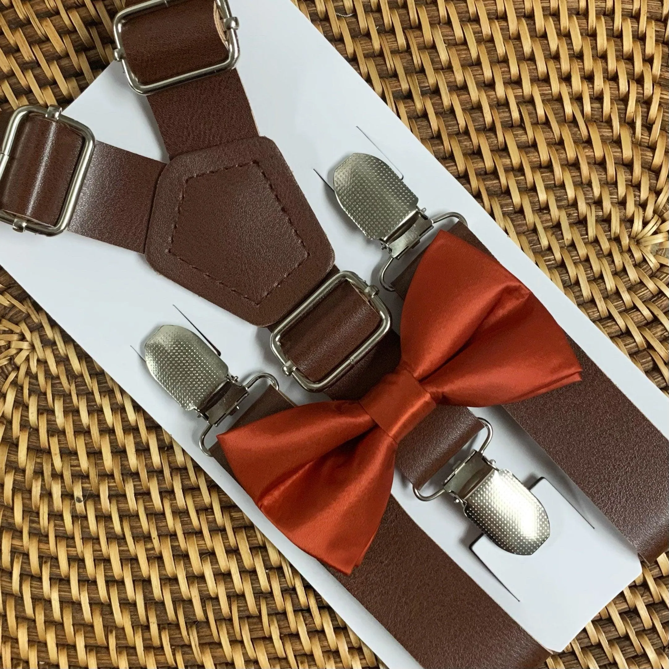 Satin Burnt Orange Bow Tie & Dark Vegan Leather Suspenders Set