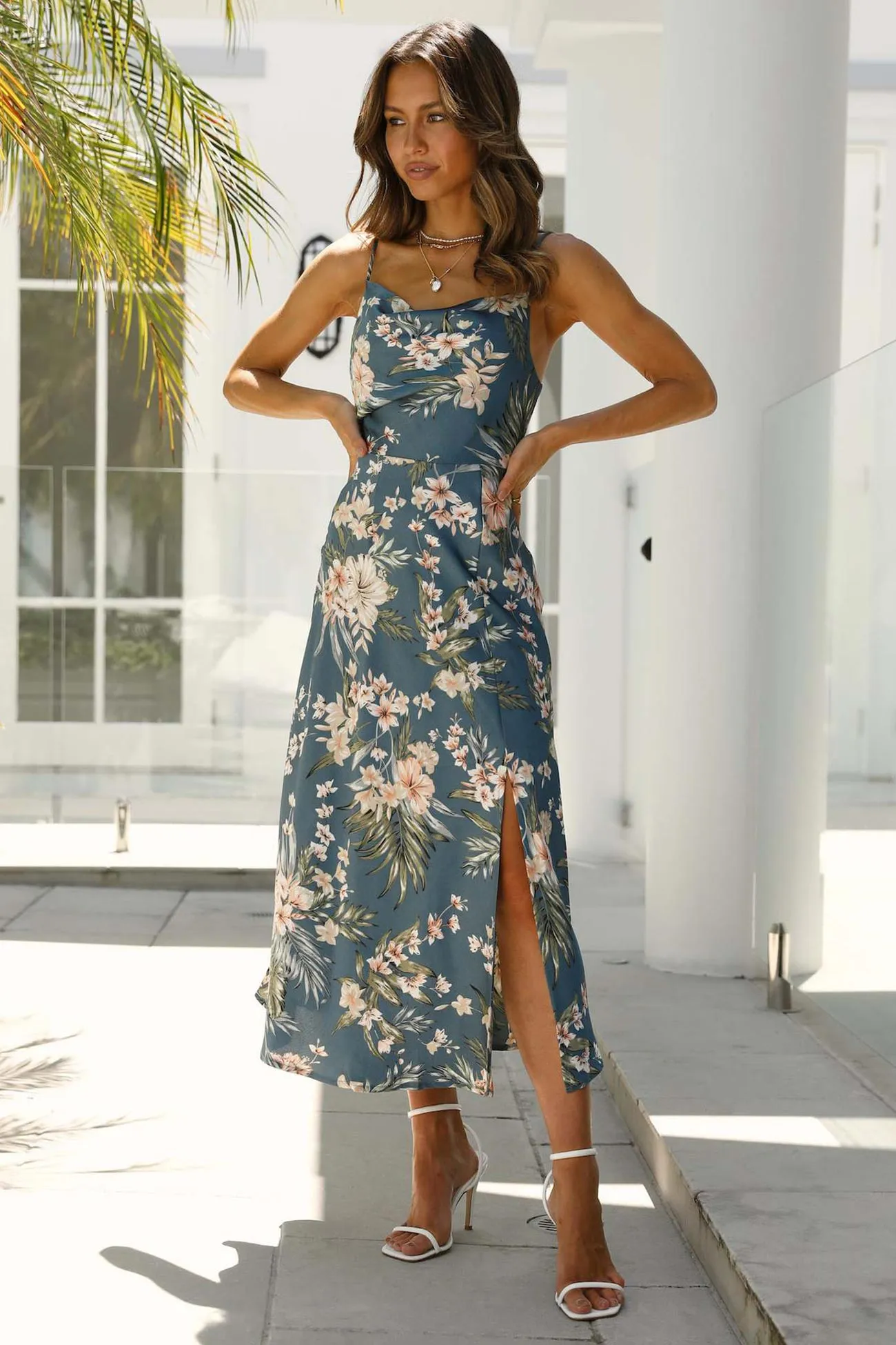 Satin Cowl Neck Floral Print Slit Cami Dress