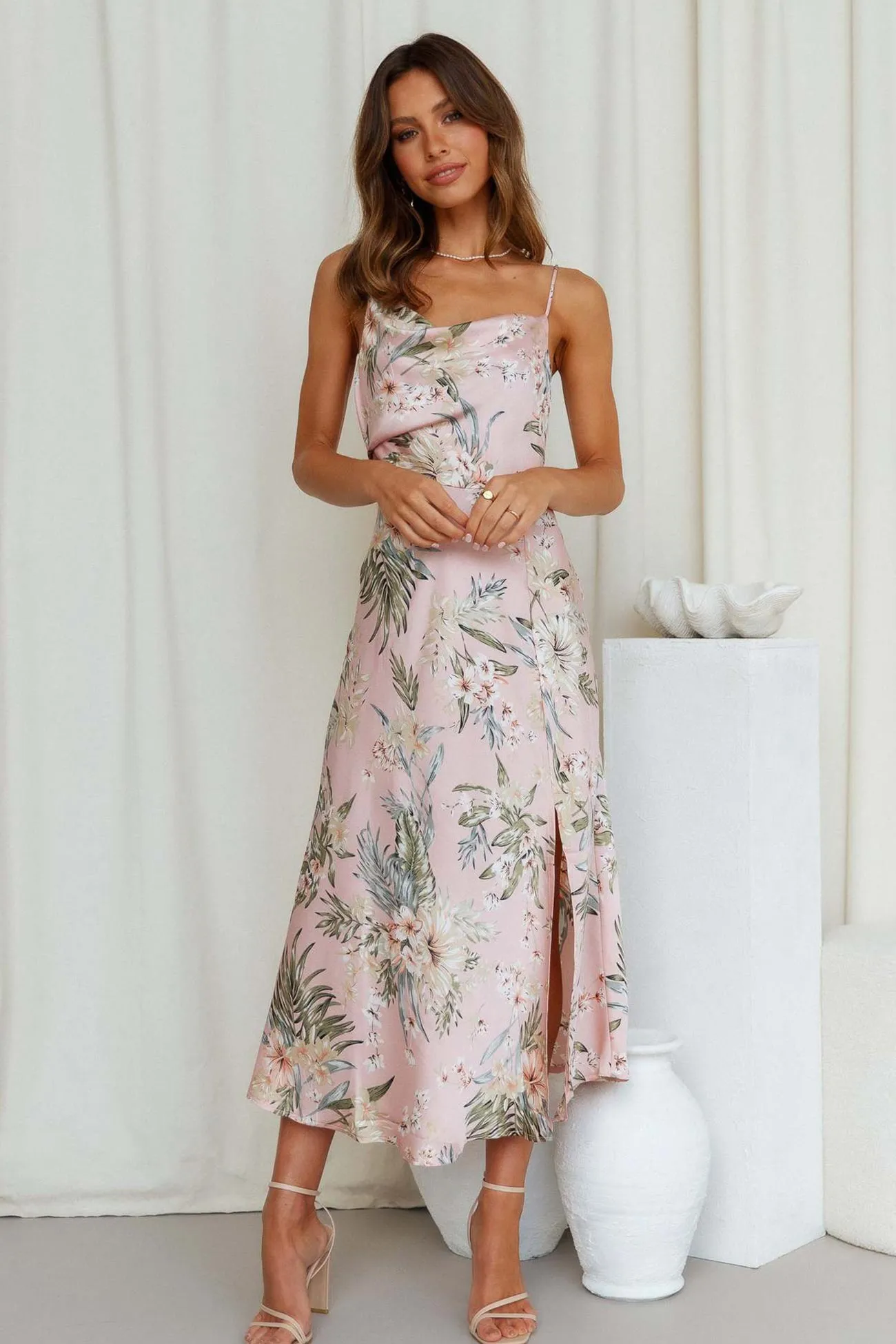 Satin Cowl Neck Floral Print Slit Cami Dress