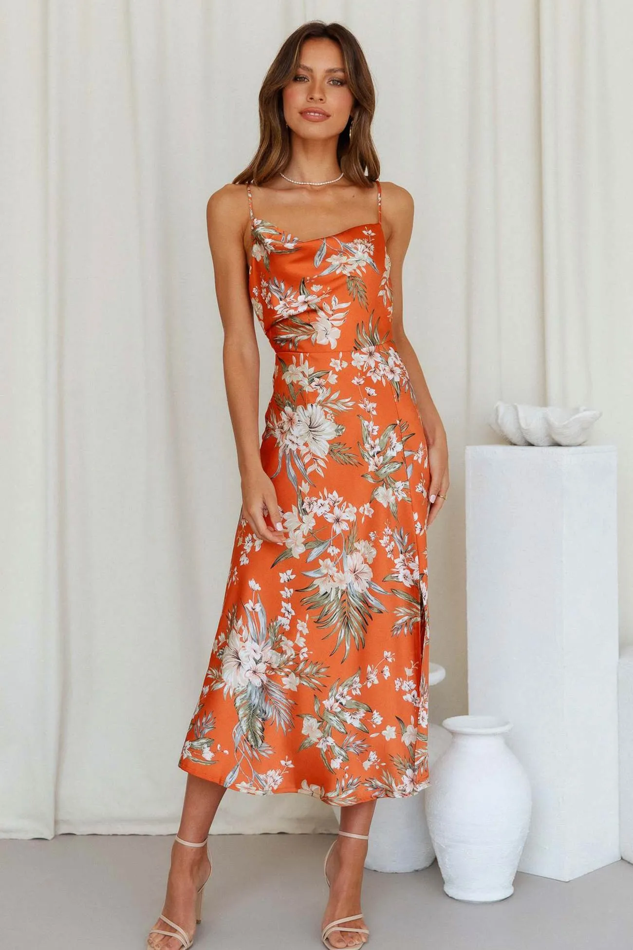 Satin Cowl Neck Floral Print Slit Cami Dress