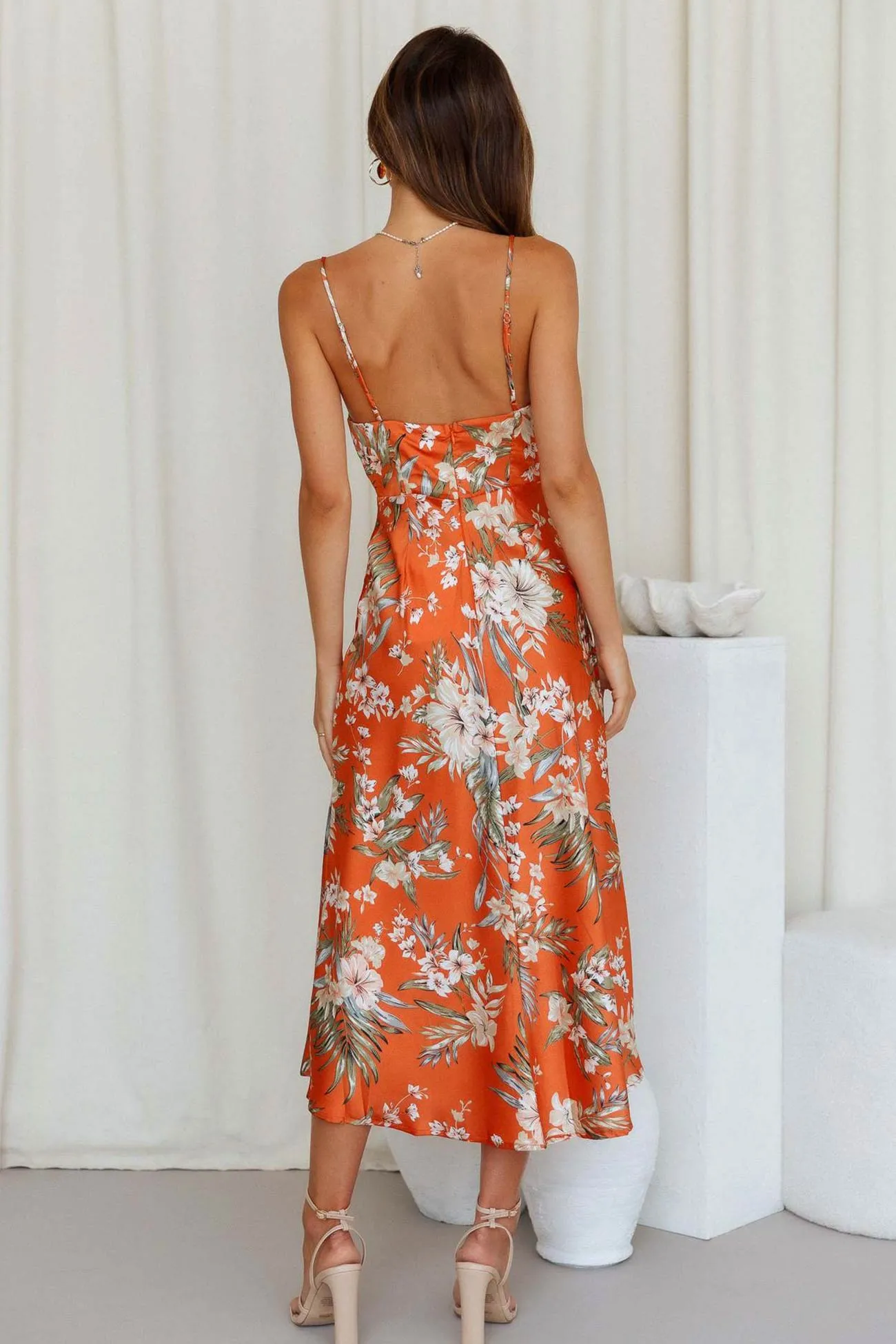 Satin Cowl Neck Floral Print Slit Cami Dress