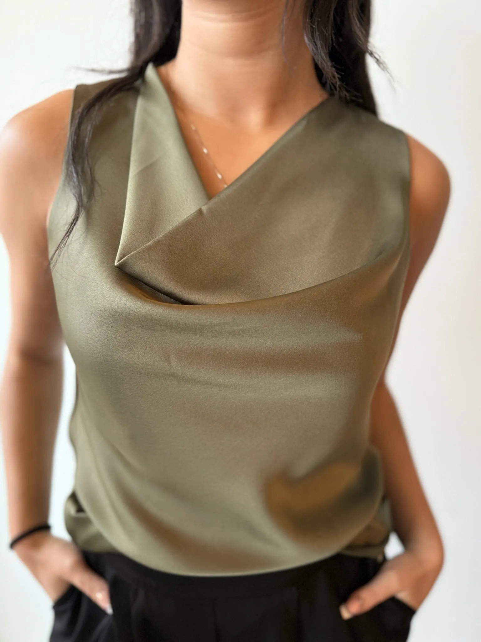 Satin Cowl Neck Sleeveless Blouse - Green