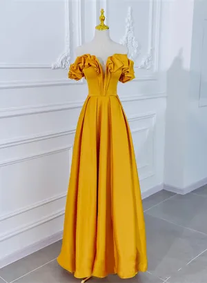 Satin Dark Yellow Off Shoulder Party Dress, A-line Satin Prom Dress