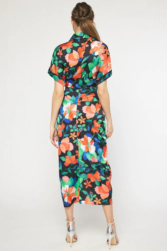 Satin Floral Button Down Dress in Black by Entro