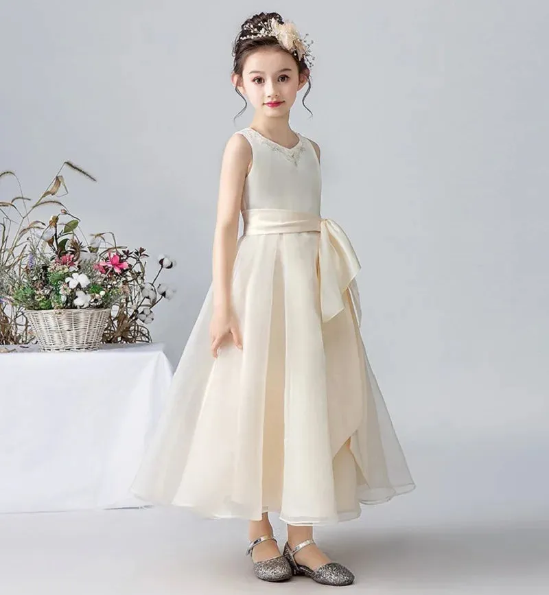 Satin Flower Girl Dress Wedding Birthday Party Gown Cap Sleeve Princess Pageant Gowns