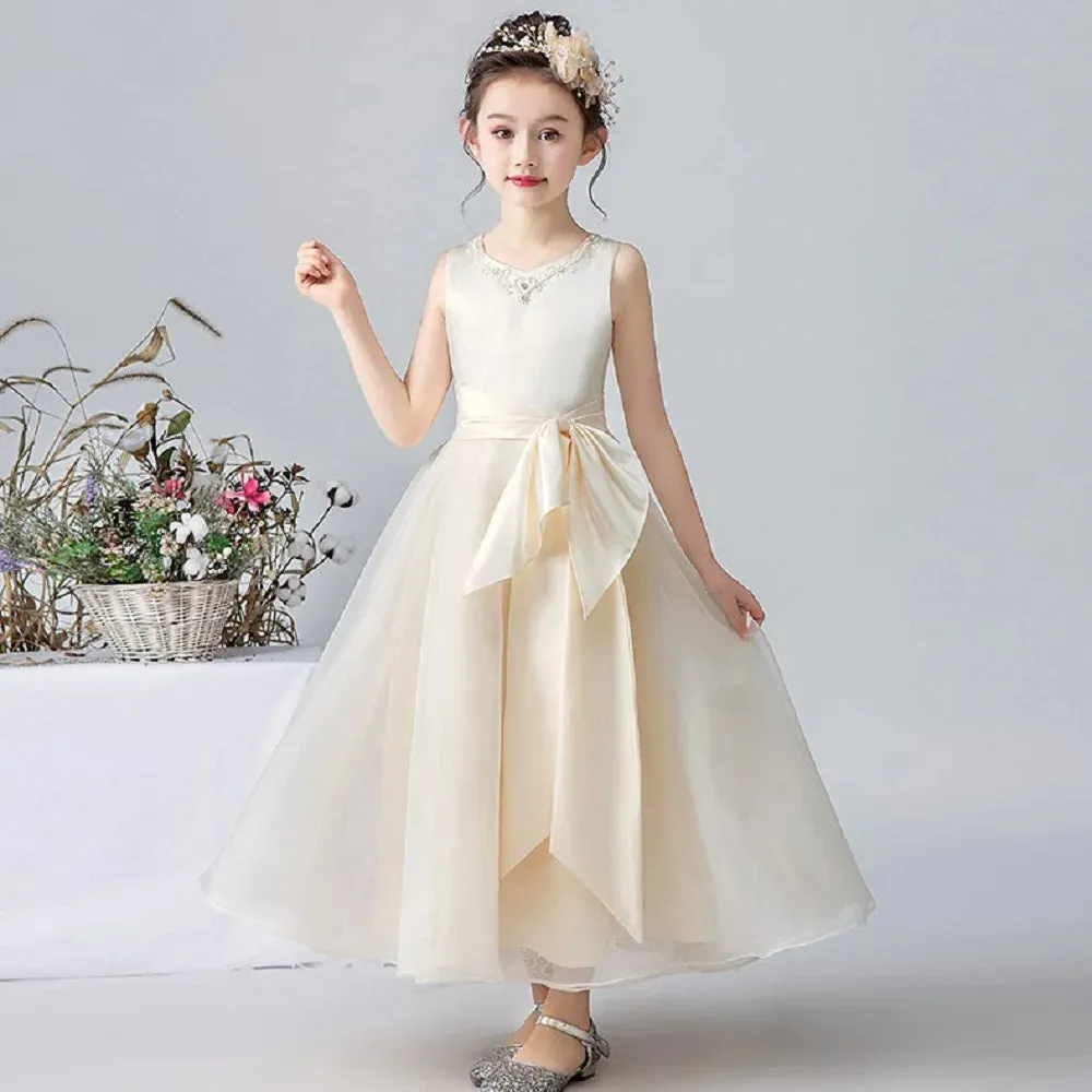 Satin Flower Girl Dress Wedding Birthday Party Gown Cap Sleeve Princess Pageant Gowns