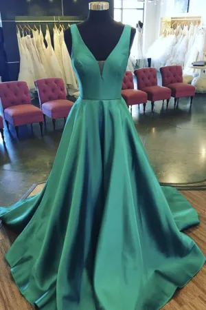 Satin Green Prom Dress,Long Evening Dress,Birthday Party Gown Long V Neck Back to School