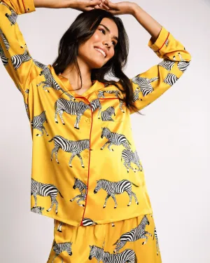 Satin Mustard Zebra Print Long Pyjama Set