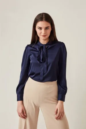 Satin Navy Blue Full Sleeve Top