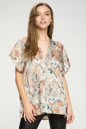 Satin Paisley Double V Shift Top