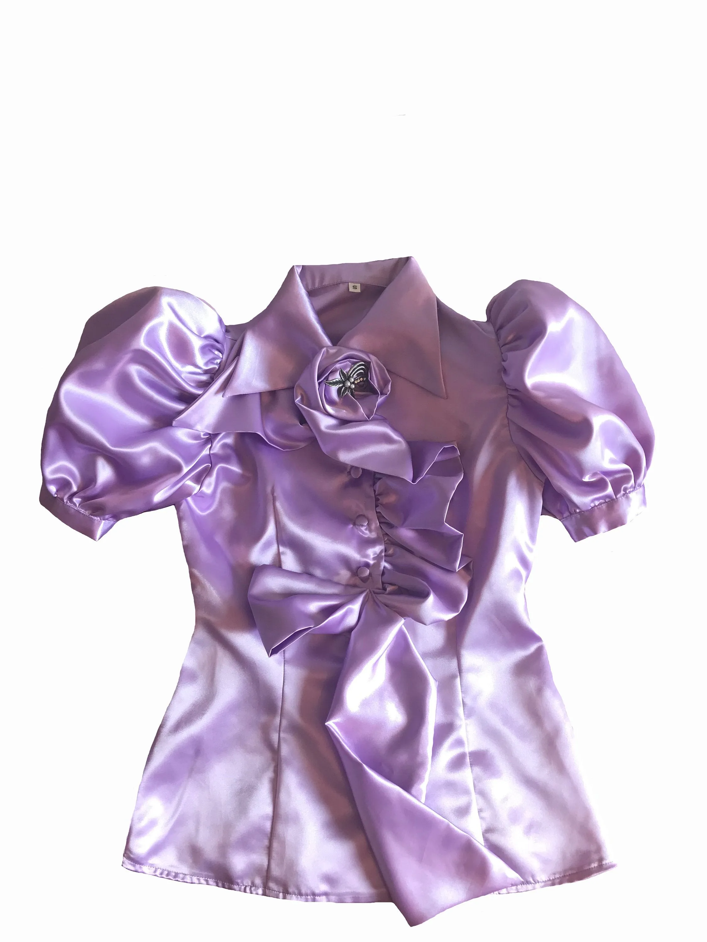 Satin Puff Sleeve Ruffled Blouse