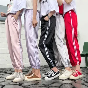 Satin Shiny Pastel Colours Side Sport Stripes Elastic Pants