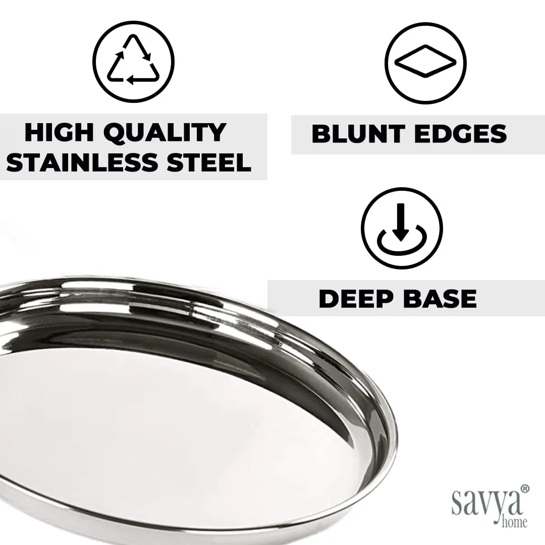 SAVYA HOME 6 Pcs Big Steel Plate Set| Stainless Steel Dinner Plate Set | Blunt Edges, Deep Base |Glossy Finish, Durable, Easy to Clean, Stackable |Steel Plates for Lunch, Breakfast, Dinner