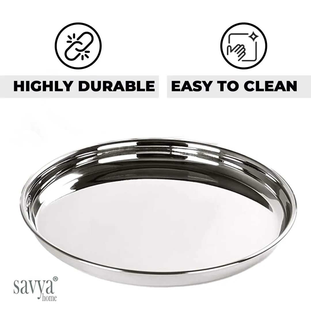 SAVYA HOME 6 Pcs Big Steel Plate Set| Stainless Steel Dinner Plate Set | Blunt Edges, Deep Base |Glossy Finish, Durable, Easy to Clean, Stackable |Steel Plates for Lunch, Breakfast, Dinner