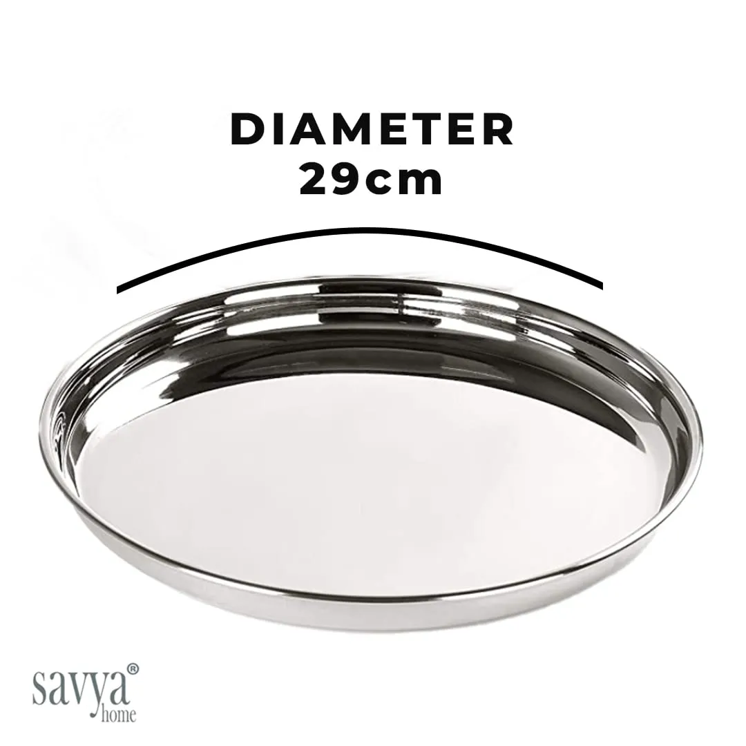 SAVYA HOME 6 Pcs Big Steel Plate Set| Stainless Steel Dinner Plate Set | Blunt Edges, Deep Base |Glossy Finish, Durable, Easy to Clean, Stackable |Steel Plates for Lunch, Breakfast, Dinner