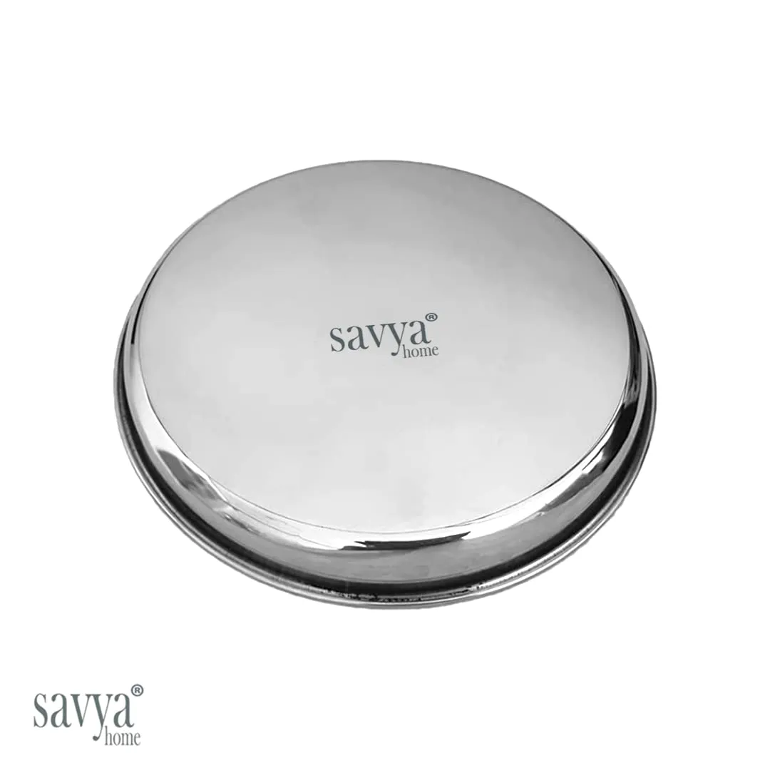 SAVYA HOME 6 Pcs Big Steel Plate Set| Stainless Steel Dinner Plate Set | Blunt Edges, Deep Base |Glossy Finish, Durable, Easy to Clean, Stackable |Steel Plates for Lunch, Breakfast, Dinner