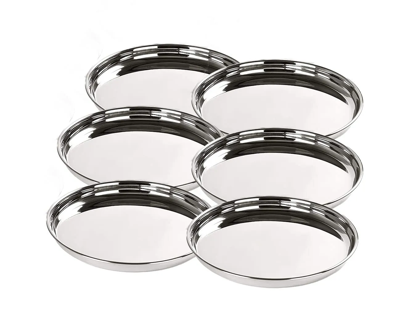 SAVYA HOME 6 Pcs Big Steel Plate Set| Stainless Steel Dinner Plate Set | Blunt Edges, Deep Base |Glossy Finish, Durable, Easy to Clean, Stackable |Steel Plates for Lunch, Breakfast, Dinner