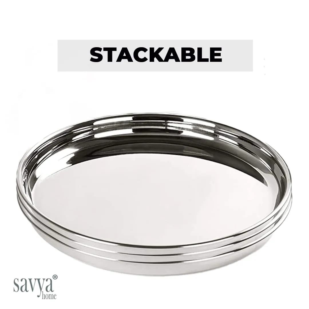 SAVYA HOME 6 Pcs Big Steel Plate Set| Stainless Steel Dinner Plate Set | Blunt Edges, Deep Base |Glossy Finish, Durable, Easy to Clean, Stackable |Steel Plates for Lunch, Breakfast, Dinner