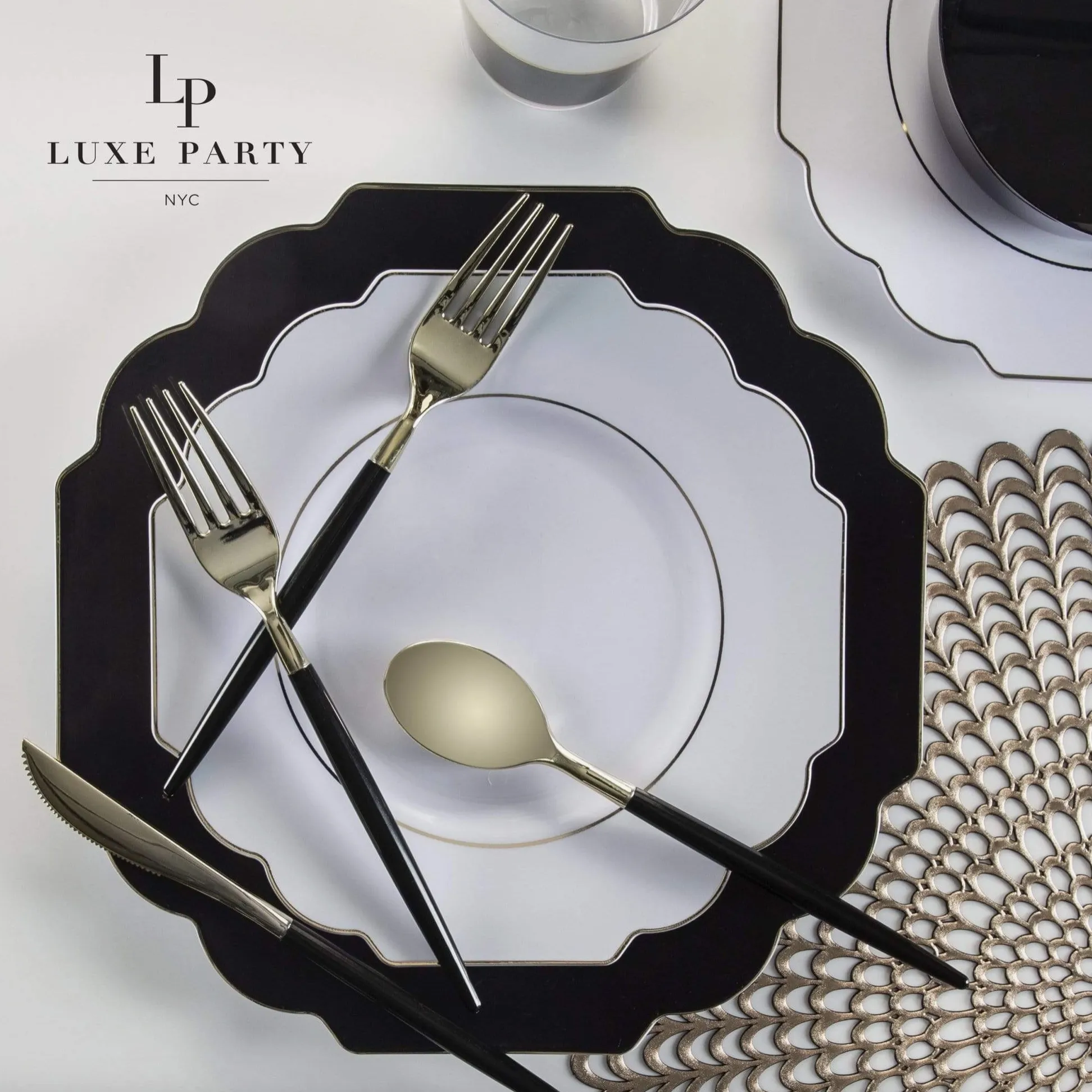 Scalloped Black w/ Gold Plastic Dinner Plates