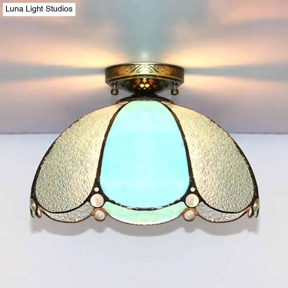 Scalloped Vintage Stained Glass Flush Mount Light - 1 Light in White/Beige/Blue - Perfect for Living Room