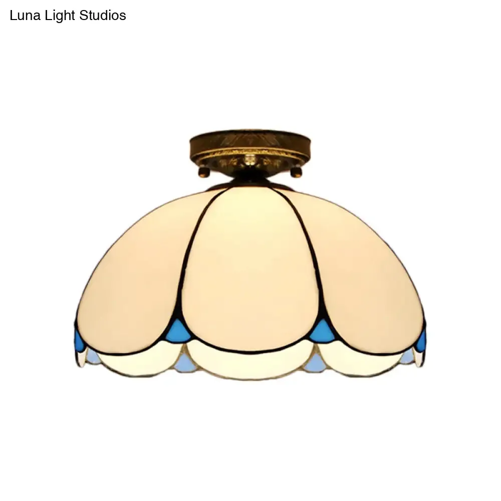 Scalloped Vintage Stained Glass Flush Mount Light - 1 Light in White/Beige/Blue - Perfect for Living Room