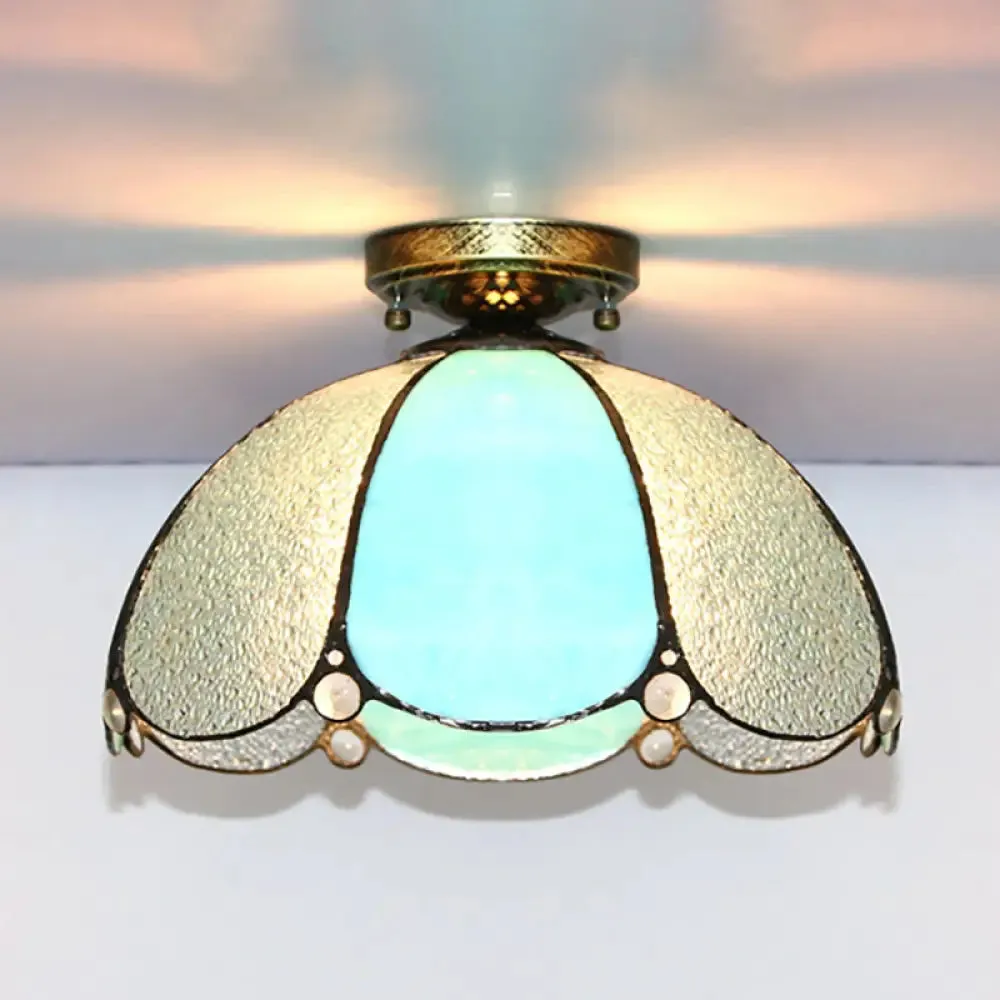 Scalloped Vintage Stained Glass Flush Mount Light - 1 Light in White/Beige/Blue - Perfect for Living Room