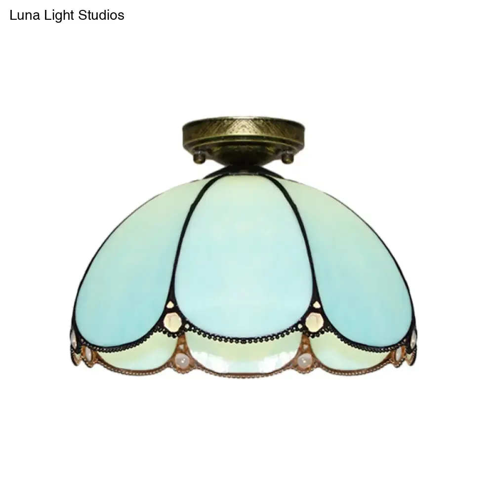 Scalloped Vintage Stained Glass Flush Mount Light - 1 Light in White/Beige/Blue - Perfect for Living Room