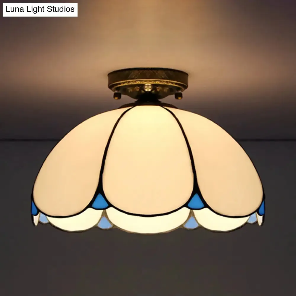 Scalloped Vintage Stained Glass Flush Mount Light - 1 Light in White/Beige/Blue - Perfect for Living Room