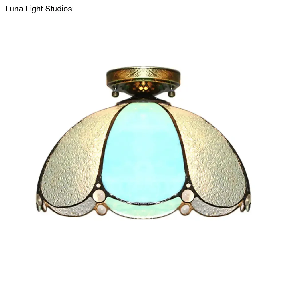 Scalloped Vintage Stained Glass Flush Mount Light - 1 Light in White/Beige/Blue - Perfect for Living Room