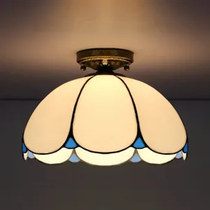 Scalloped Vintage Stained Glass Flush Mount Light - 1 Light in White/Beige/Blue - Perfect for Living Room