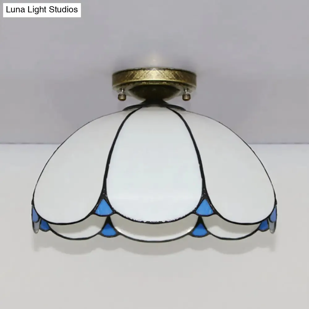 Scalloped Vintage Stained Glass Flush Mount Light - 1 Light in White/Beige/Blue - Perfect for Living Room