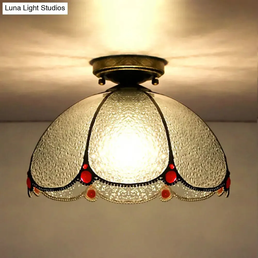 Scalloped Vintage Stained Glass Flush Mount Light - 1 Light in White/Beige/Blue - Perfect for Living Room