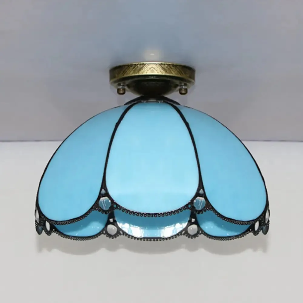 Scalloped Vintage Stained Glass Flush Mount Light - 1 Light in White/Beige/Blue - Perfect for Living Room