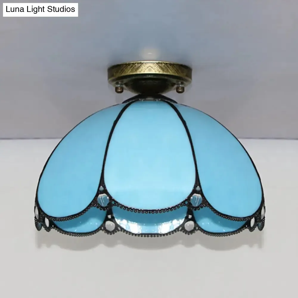 Scalloped Vintage Stained Glass Flush Mount Light - 1 Light in White/Beige/Blue - Perfect for Living Room