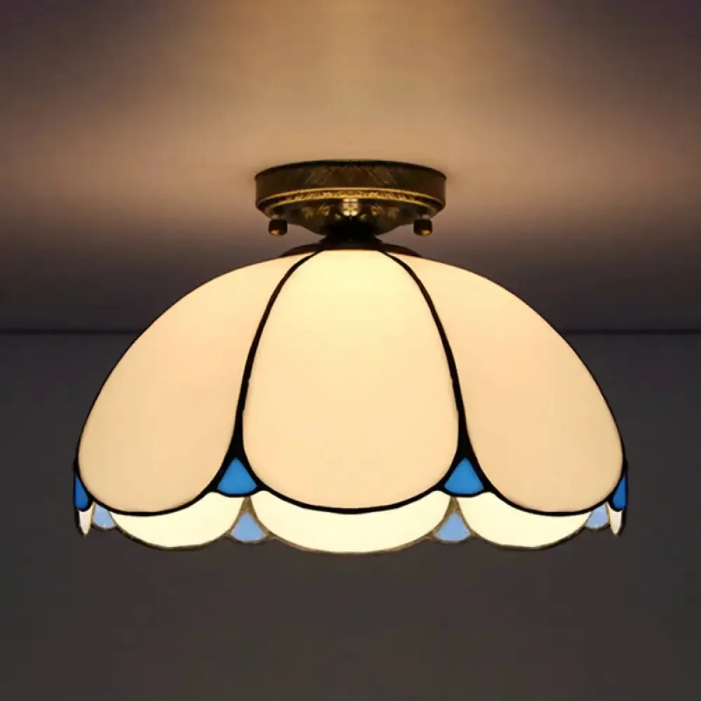 Scalloped Vintage Stained Glass Flush Mount Light - 1 Light in White/Beige/Blue - Perfect for Living Room