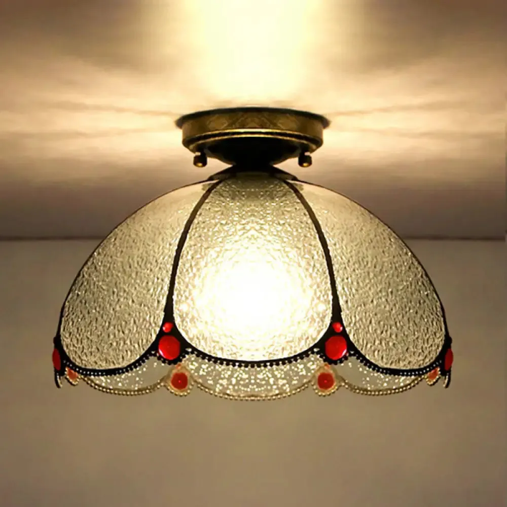 Scalloped Vintage Stained Glass Flush Mount Light - 1 Light in White/Beige/Blue - Perfect for Living Room