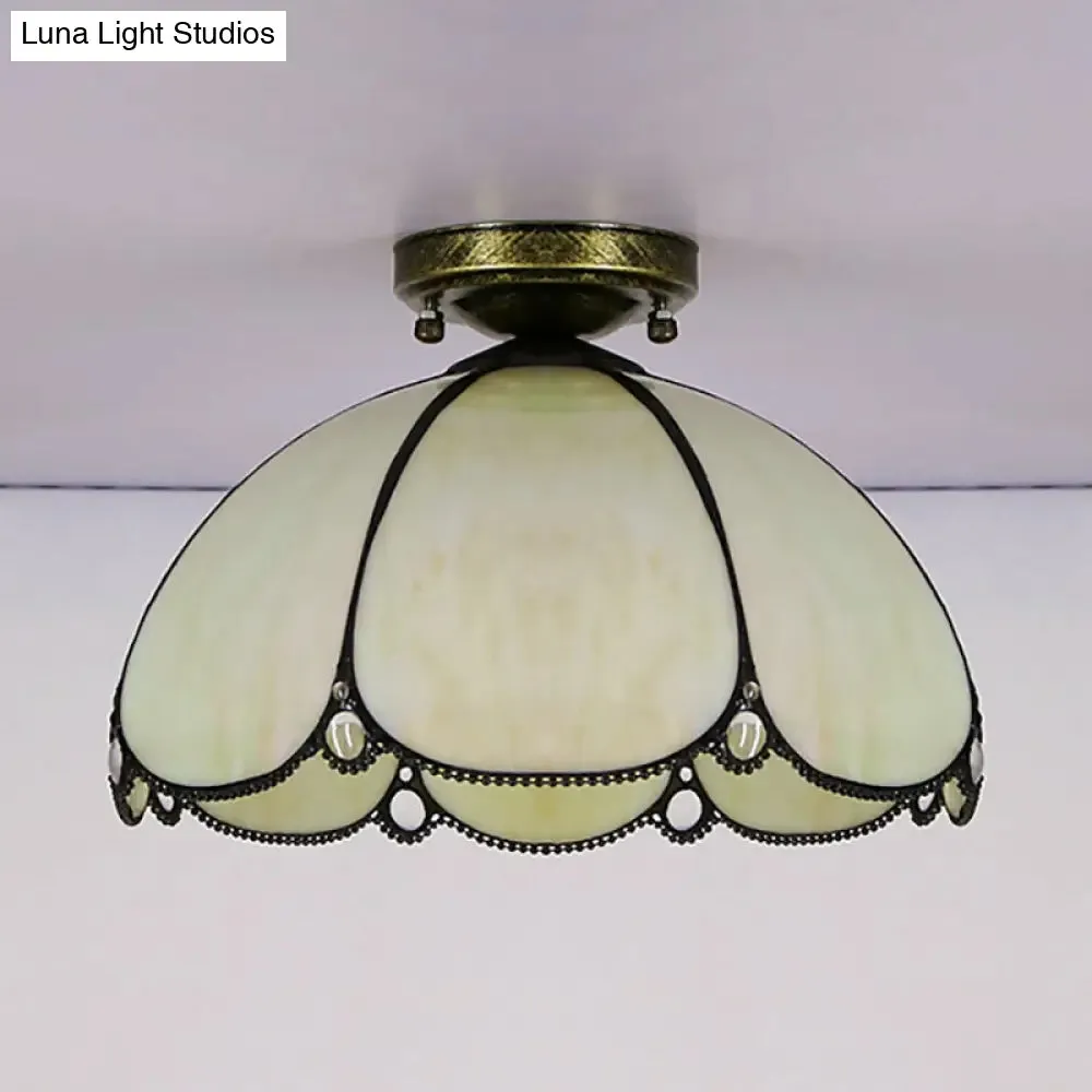 Scalloped Vintage Stained Glass Flush Mount Light - 1 Light in White/Beige/Blue - Perfect for Living Room