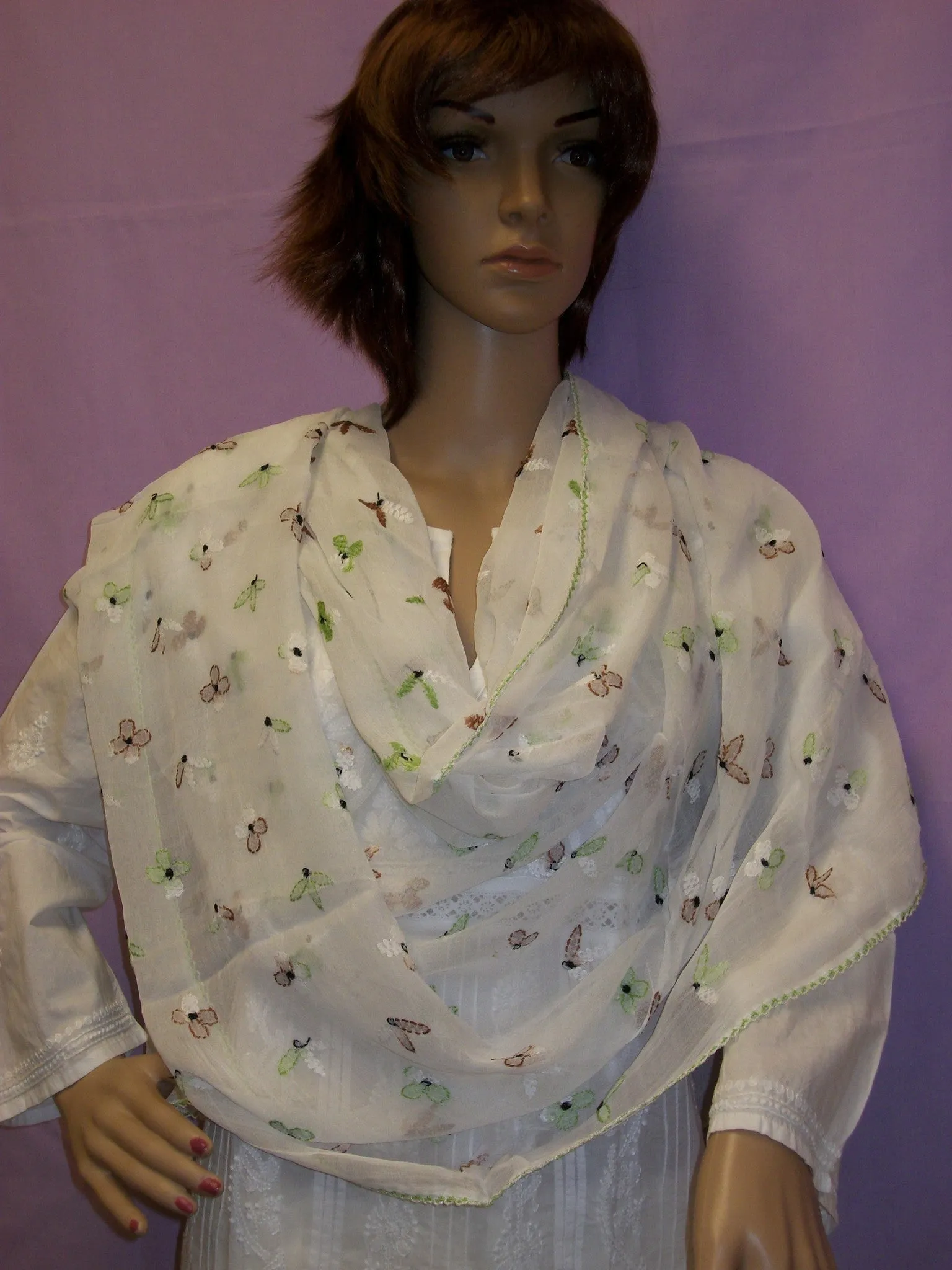 Scarf 1021 White Georgette Phulkari Dupatta Chunni Shawl Wrap Shieno Sarees