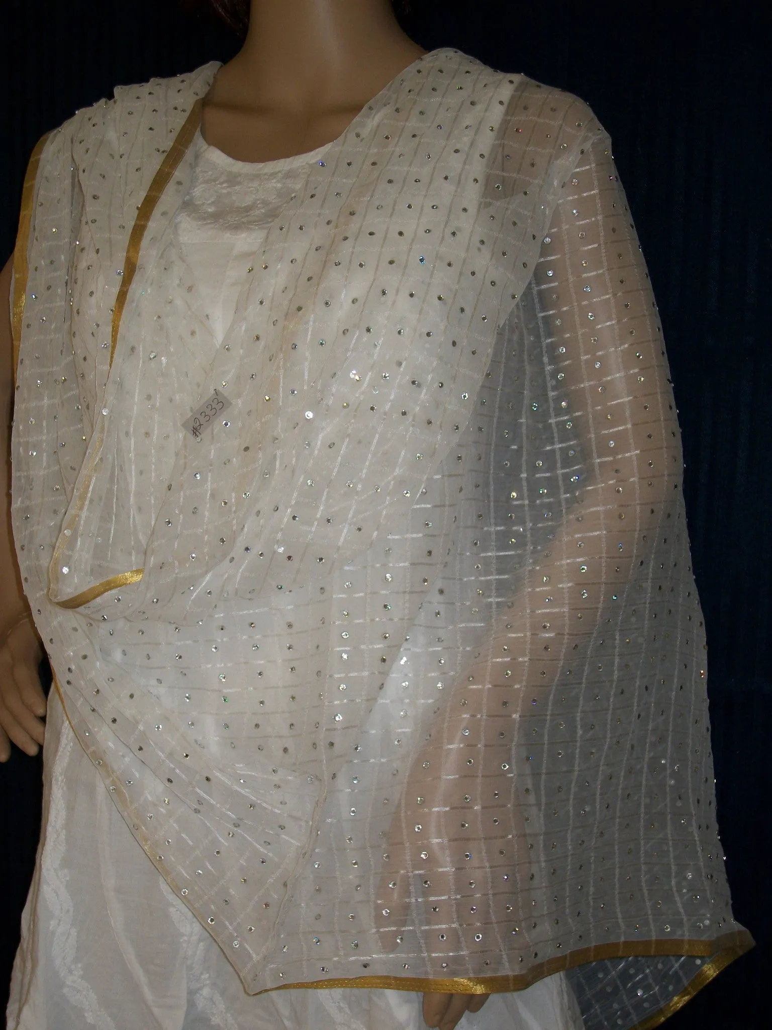 Scarf 2333 White Georgette Rhinestones Dupatta Chunni Shawl Shieno