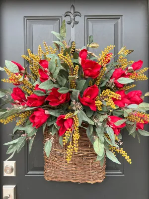 Scarlet Magnolia Autumn Basket Wreath