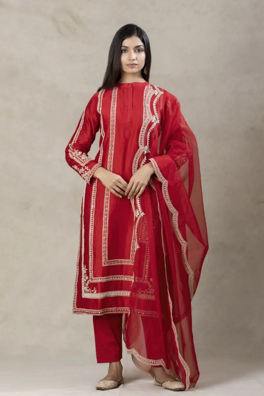 Scarlet Red Modal Silk Kurta Pant Set With Dupatta