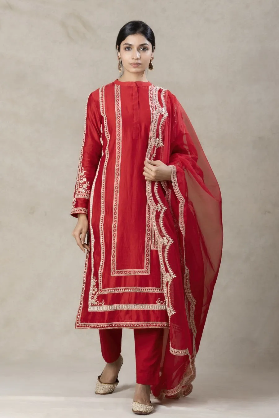 Scarlet Red Modal Silk Kurta Pant Set With Dupatta