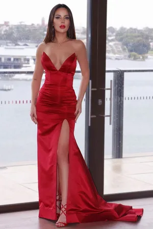 Scarlet Siren V-Neck Mermaid Prom Gown with Dramatic Split