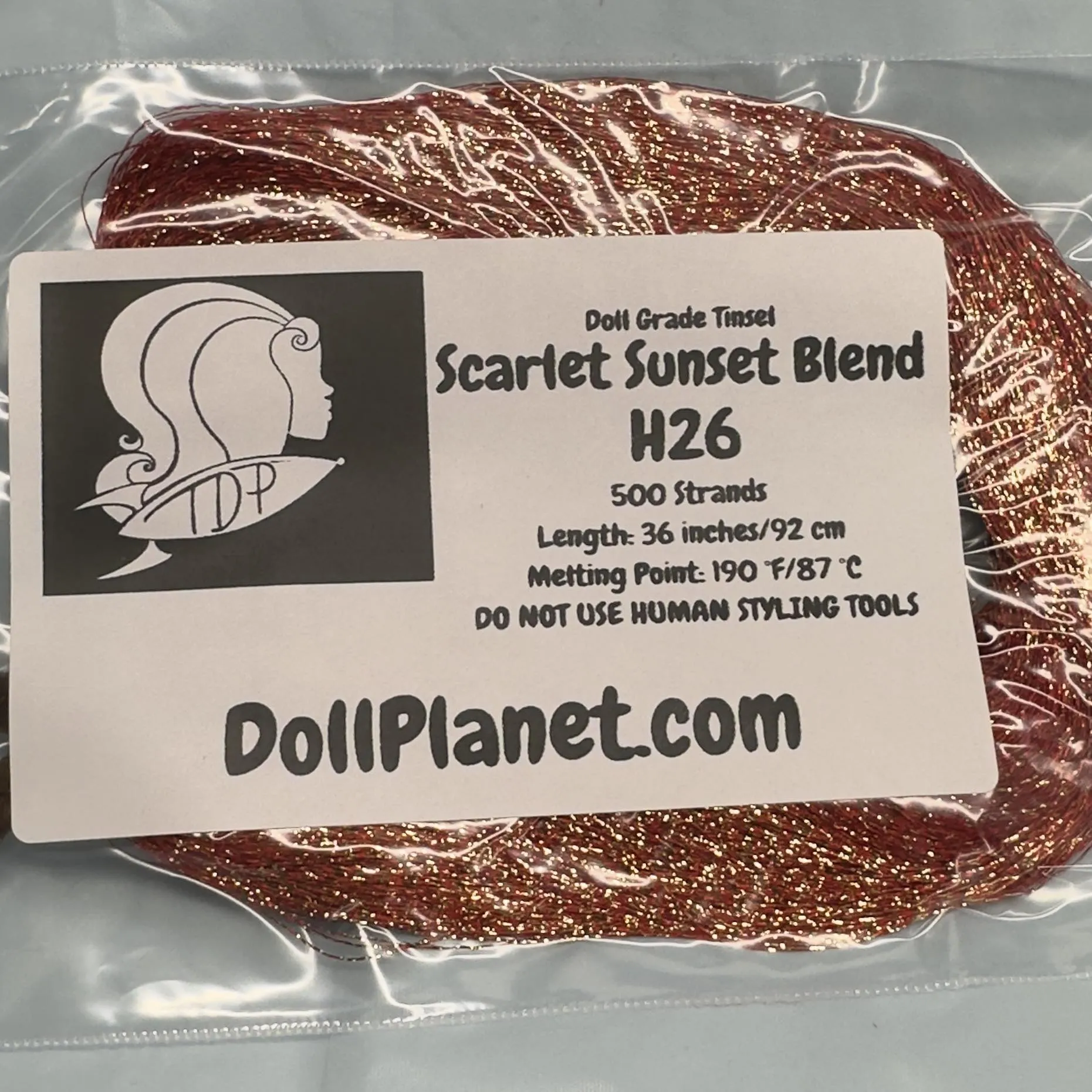 Scarlet Sunset H26 Red and Gold Blend Doll Grade Tinsel Shiny Doll Hair