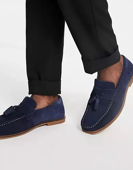 Schuh Navy Blue Suede Rich Tassel Mens Loafers